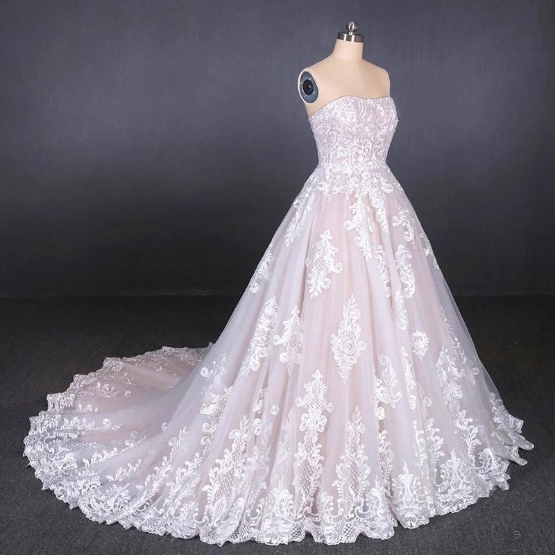 Puffy Strapless Tulle Wedding Dress with Lace Appliques, Long Train Lace Up Bridal Dress N2300