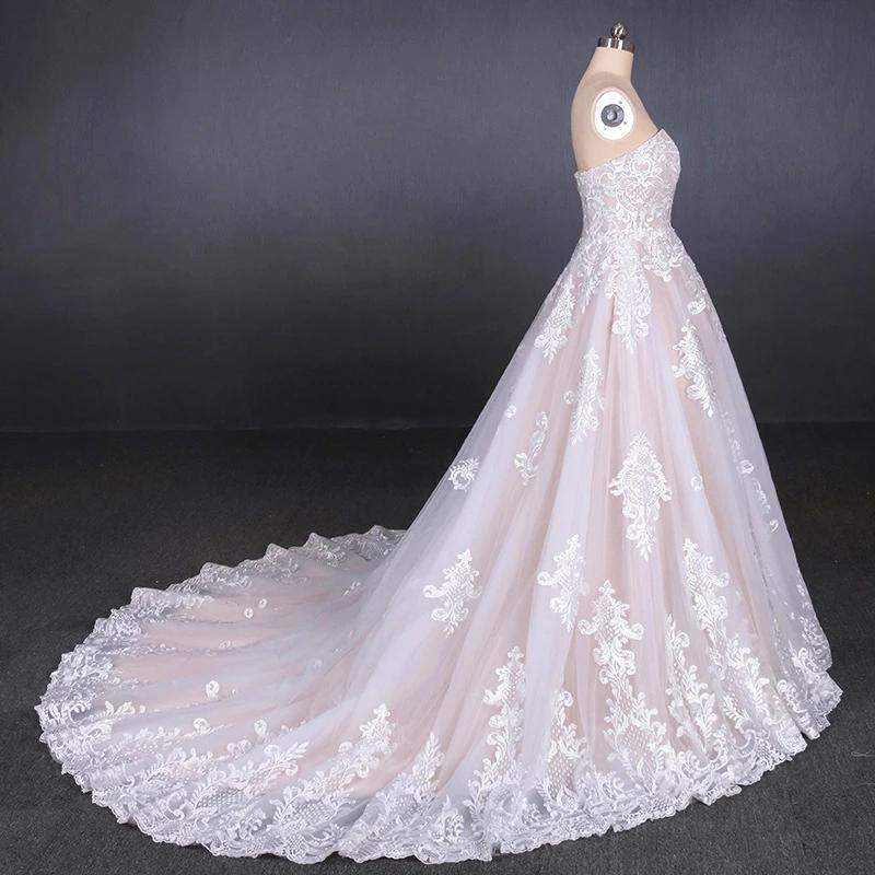 Puffy Strapless Tulle Wedding Dress with Lace Appliques, Long Train Lace Up Bridal Dress N2300