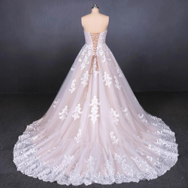 Puffy Strapless Tulle Wedding Dress with Lace Appliques, Long Train Lace Up Bridal Dress N2300