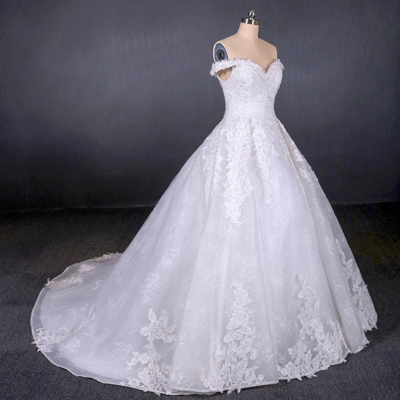 Ball Gown Off Shoulder Appliques Wedding Dresses, Puffy Lace Appliqued Bridal Dress N2352