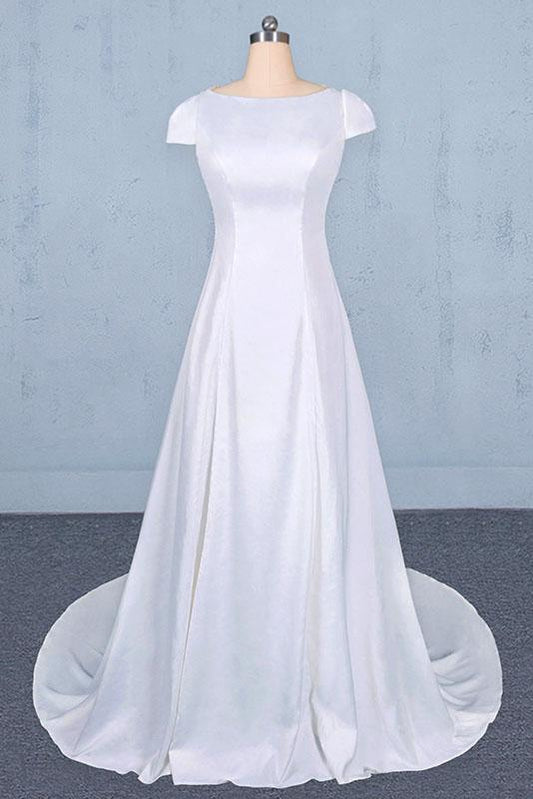 Simple A Line Cap Sleeves Wedding Dress with Lace, Long Bridal Dress with Lace N2351