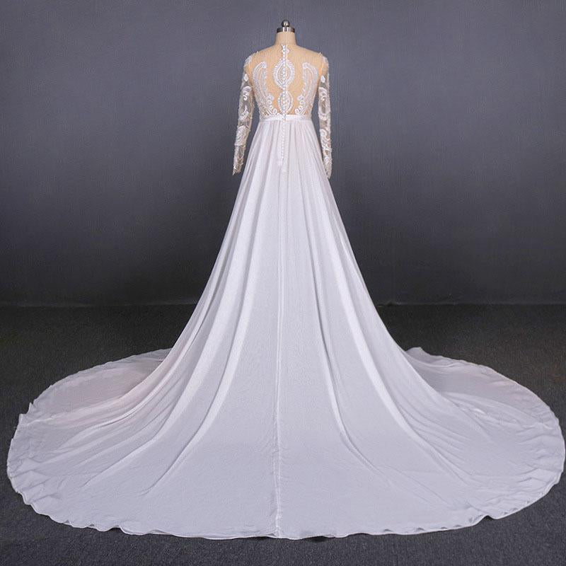 White Long Sleeves Chiffon Wedding Dress with Appliques, Gorgeous Long Bridal Dress N2354