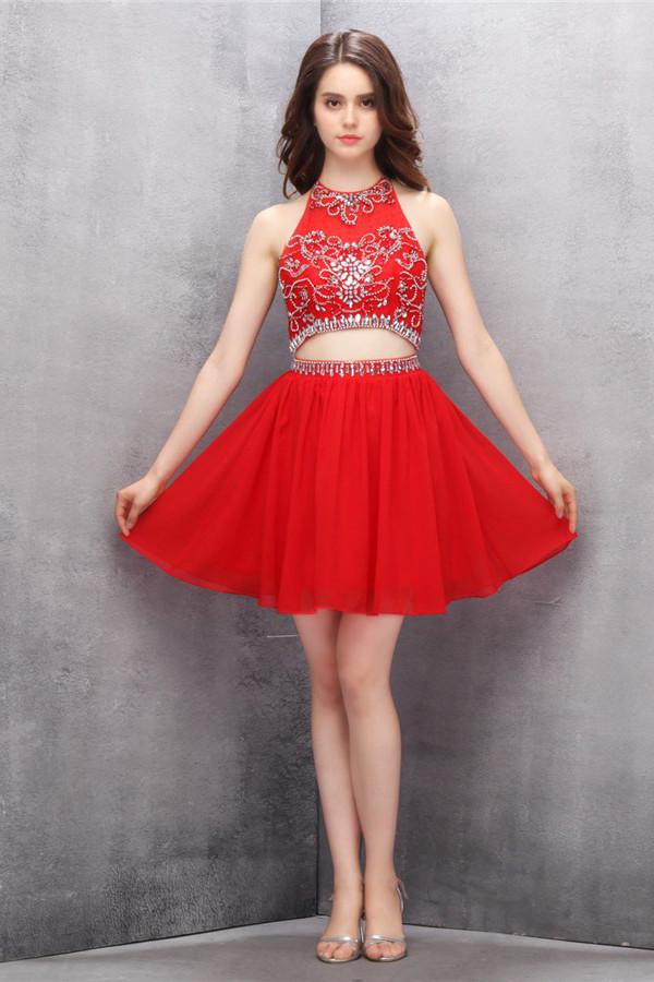 Two Piece Chiffon Red Beading Homecoming/Prom Dresses ED77