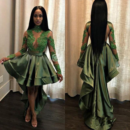 New Arrival A Line Green Backless Long Sleeves High Low Short See Through Prom Dress With Appliques