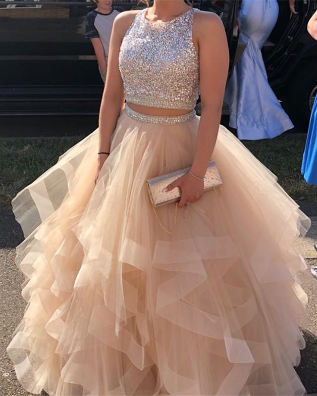 Amazing A Line Ruffles Tulle Two Pieces Beaded Champagne Prom Dresses