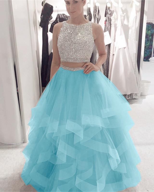 Amazing A Line Ruffles Tulle Two Pieces Beaded Champagne Prom Dresses