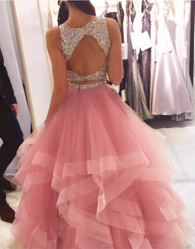 Amazing A Line Ruffles Tulle Two Pieces Beaded Champagne Prom Dresses