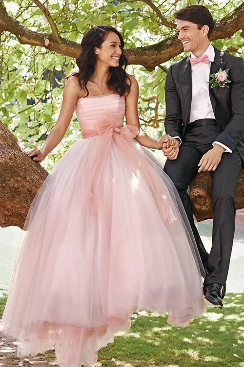 2024 Cute Tulle A Line Strapless Pink Wedding Dresses With Bowknot Belt