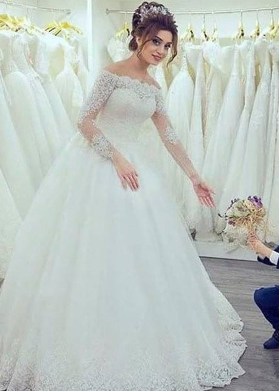 2024 New Arrival Off The Shoulder Long Sleeves Lace Ball Gown Wedding Dresses 2024WEDD-6379