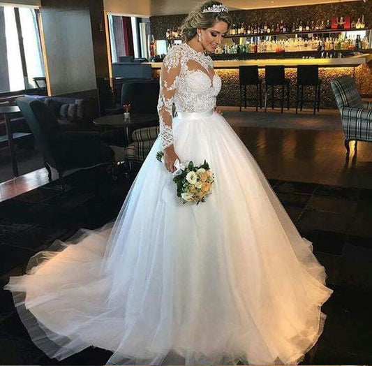 2024 Elegant A Line Tulle Long Sleeves Sweetheart Wedding Dresses