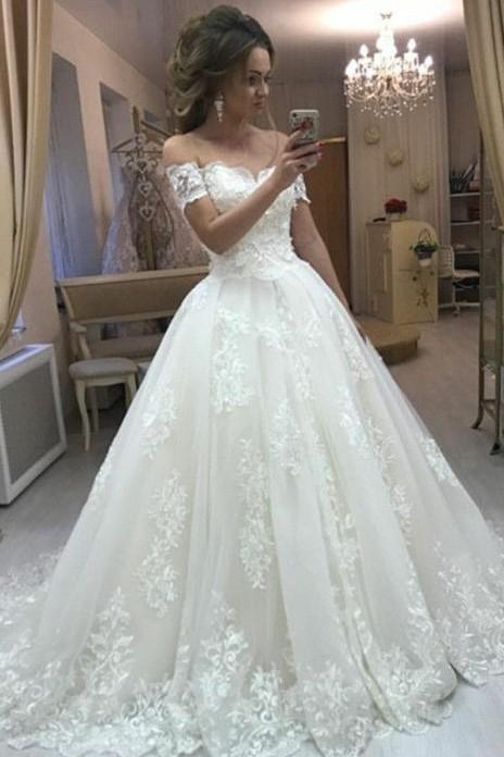 A Line Off Shoulder Lace Long Ivory Sweetheart Wedding Dresses 2024 With Short Sleeves