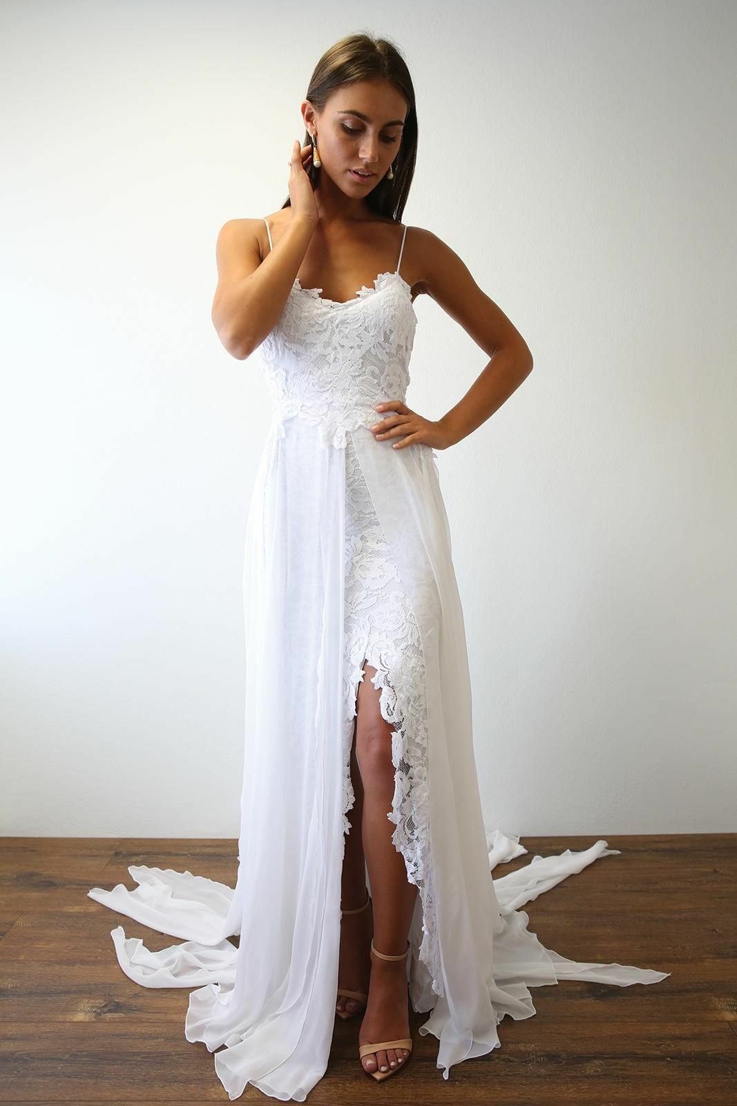 Cheap A Line Chiffon High Low Lace Spaghetti Straps Beach Wedding Dresses