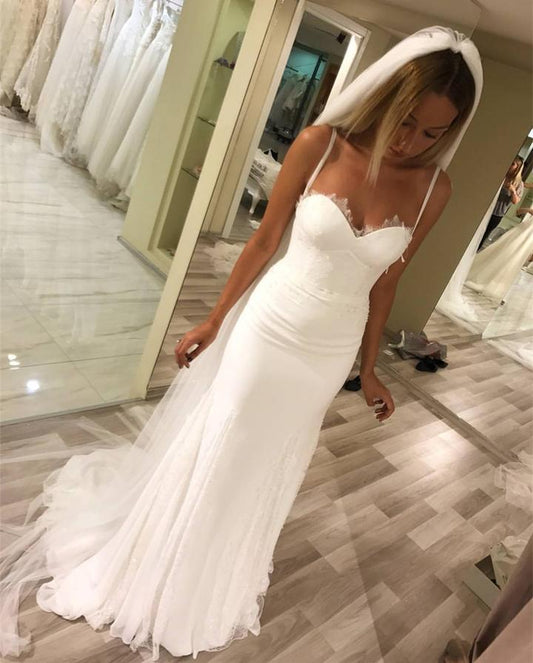 2024 Newly Sheath White Floor Length Chiffon Sweetheart Spaghetti Straps Wedding Dresses