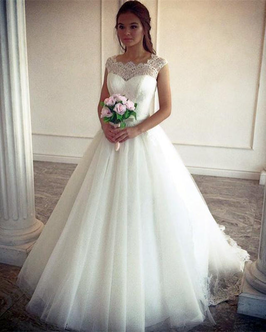 2024 Elegant A Line Tulle Ivory Sweetheart Lace Capped Sleeves Wedding Dresses