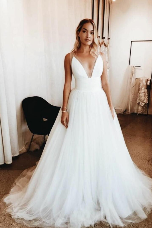 Elegant A Line Deep V Neck Ivory Tulle Long 2024 Wedding Dresses