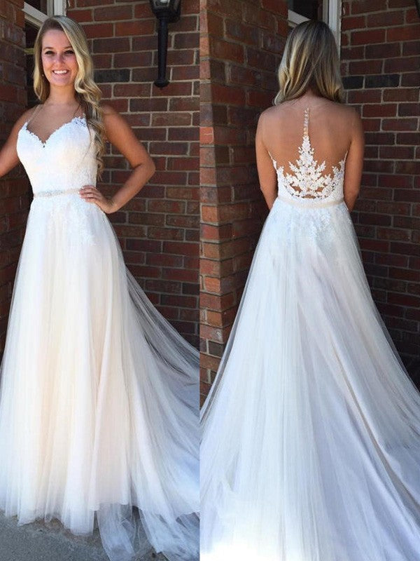 2024 Cheap A Line Tulle Sweetheart Long Wedding Dresses With Applique