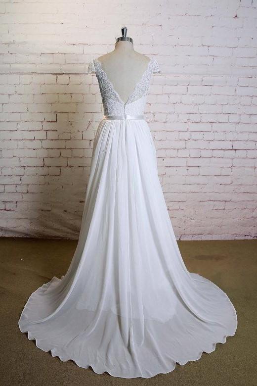 2024 Cheap A Line Chiffon Sweetheart Capped Sleeves Lace Beach Wedding Dresses