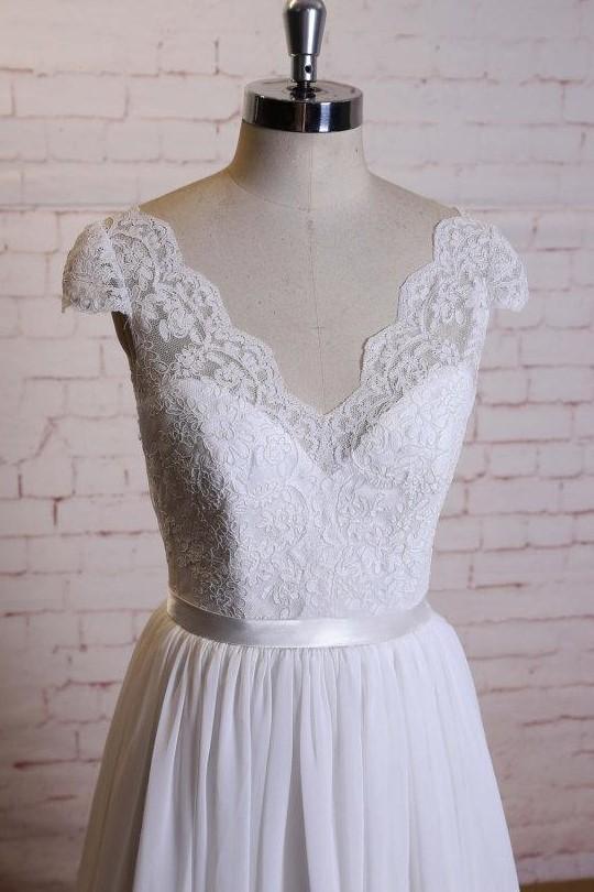 2024 Cheap A Line Chiffon Sweetheart Capped Sleeves Lace Beach Wedding Dresses