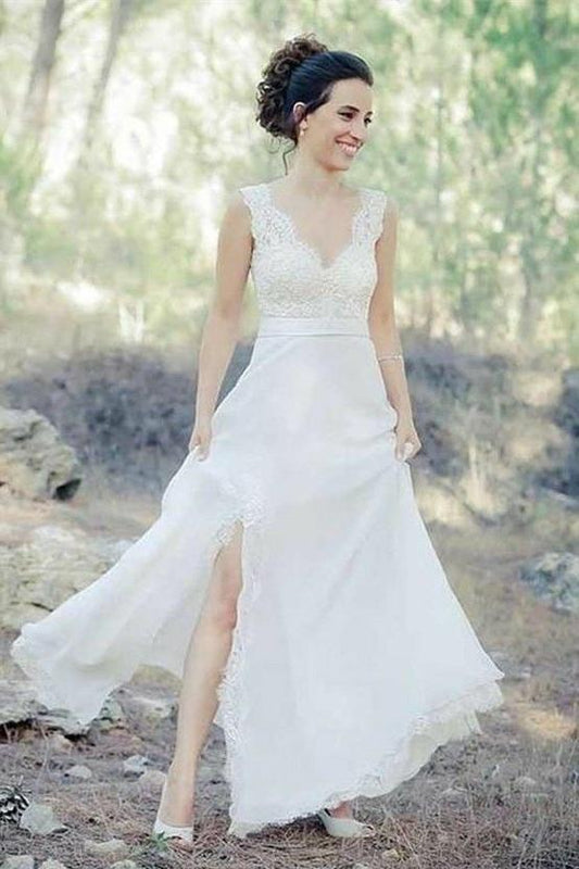 Classic A Line Side Slit Lace Sweetheart Floor Length Outdoor Wedding Dresses 2024