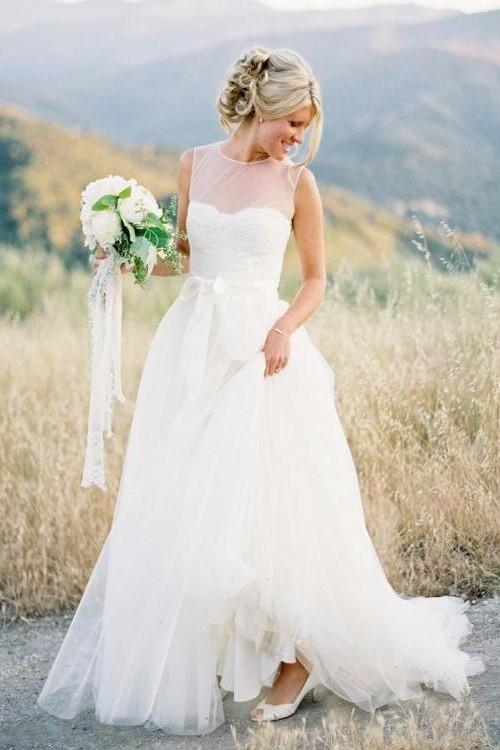 Elegant Tulle A Line Sleeveless Ivory With Belt Long Wedding Dresses 2024