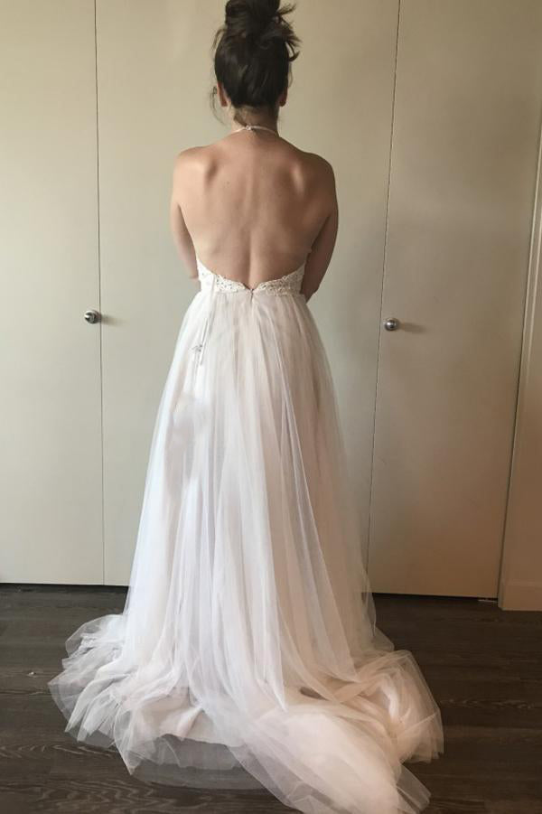 2024 Cheap A Line Tulle Halter Backless Lace Beach Wedding Dresses