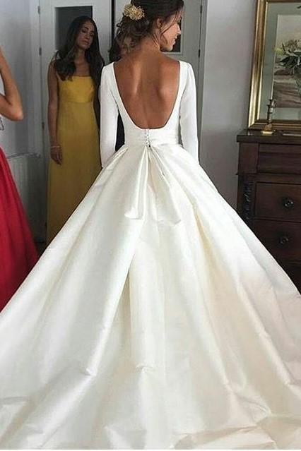 Classic A Line Long Sleeves Backless Satin Long Wedding Dresses 2024