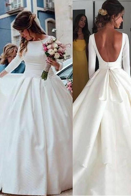 Classic A Line Long Sleeves Backless Satin Long Wedding Dresses 2024