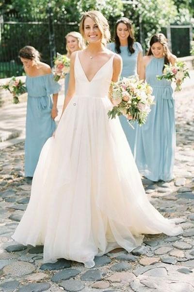 Amazing A Line Chiffon V Neck Backless Long Outdoor Wedding Dresses 2024