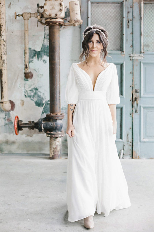 2024 New Arrival A Line Deep V Neck Chiffon White Long Sleeves Backless Long Beach Wedding Dresses