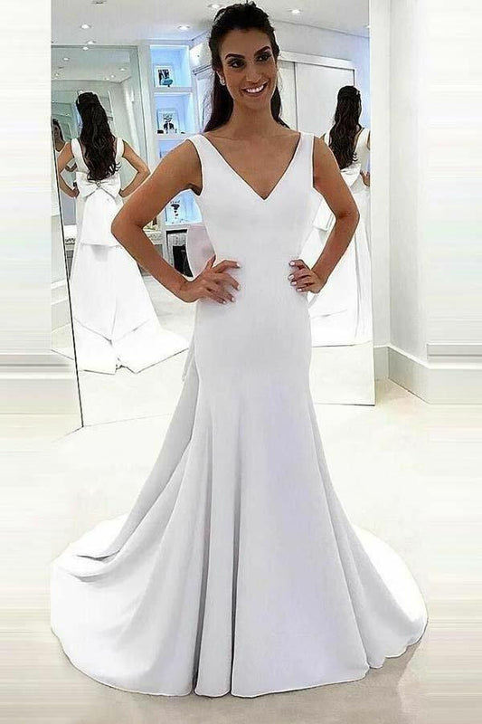 2024 Classic Sheath V Neck Satin Bowknot Long Wedding Dresses