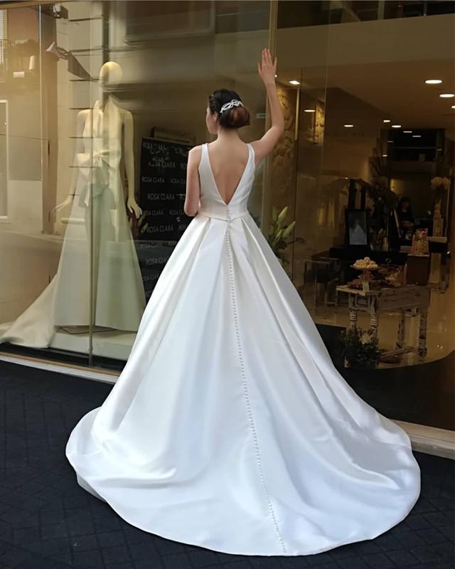 Simple A Line Deep V Neck Ivory 2024 Long Wedding Dresses