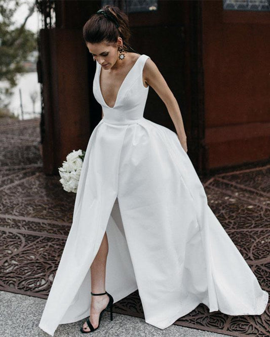 Amazing A Line Side Slit Satin V Neck Backless Long Wedding Dresses 2024