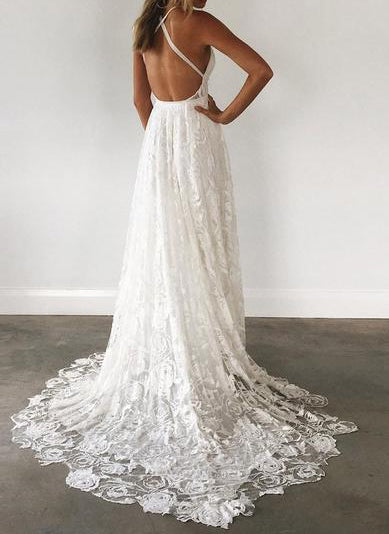 Cheap A Line Halter Sweetheart Lace Backless Beach Wedding Dresses 2024