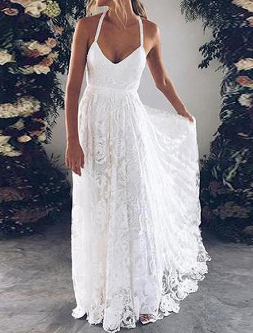 Cheap A Line Halter Sweetheart Lace Backless Beach Wedding Dresses 2024