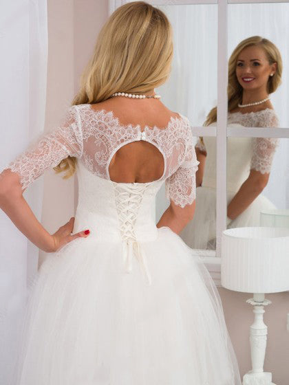 2024 Cheap A Line Tulle Off Shoulder Long Sleeves Lace Floor Length Lace Up Back Wedding Dresses