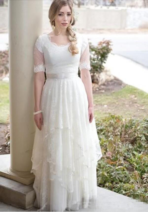 2024 Classic A Line Round Neck Half Sleeves Lace Layered Lace Up Back Beach Wedding Dresses