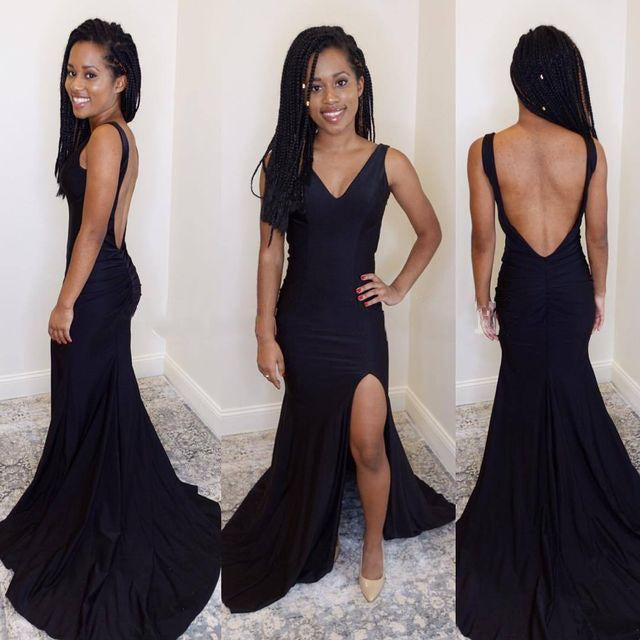 Sexy Sheath Black Side Slit Backless V Neck Stretchy Long Prom Dresses 2024