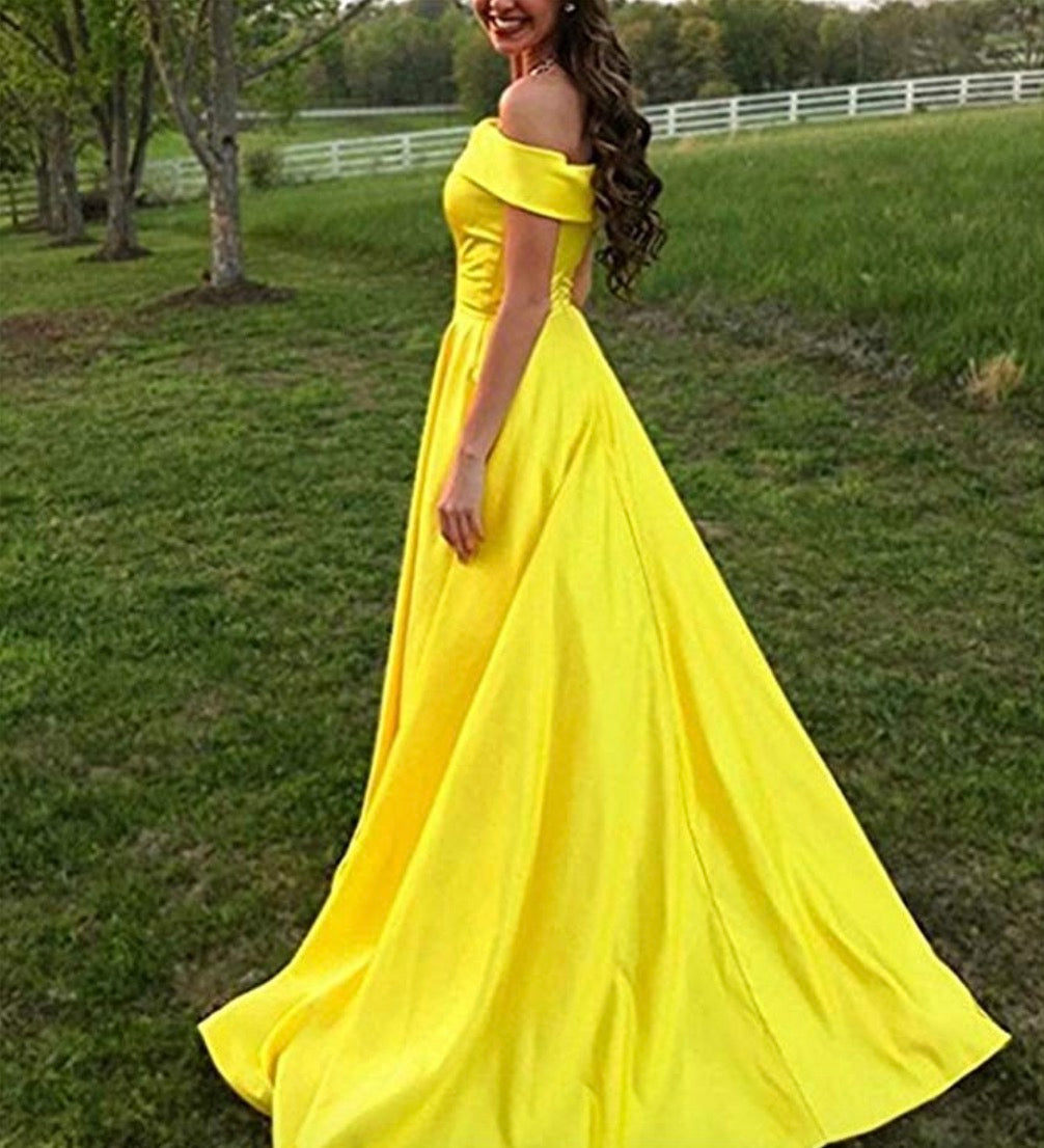 Elegant A Line Satin Yellow Off Shoulder Long Prom Dresses With Pockets