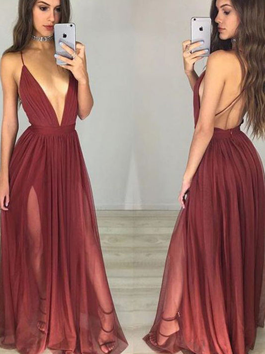 Charming A Line Burgundy Deep V Neck Backless Side Slit Halter 2024 Prom Dresses