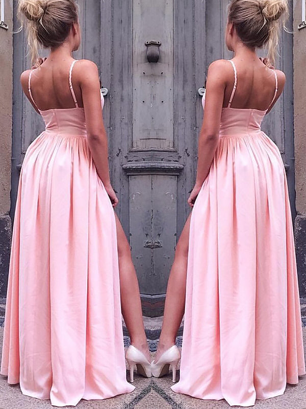 Cheap A Line Sweetheart Spaghetti Straps Pink Side Slit Satin Prom Dresses 2024