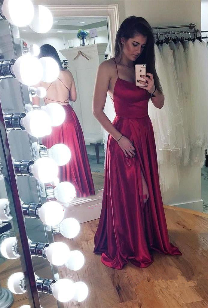 2024 Cheap A Line Backless Lace Up Back Burgundy Elastic Satin Side Slit Prom Dresses