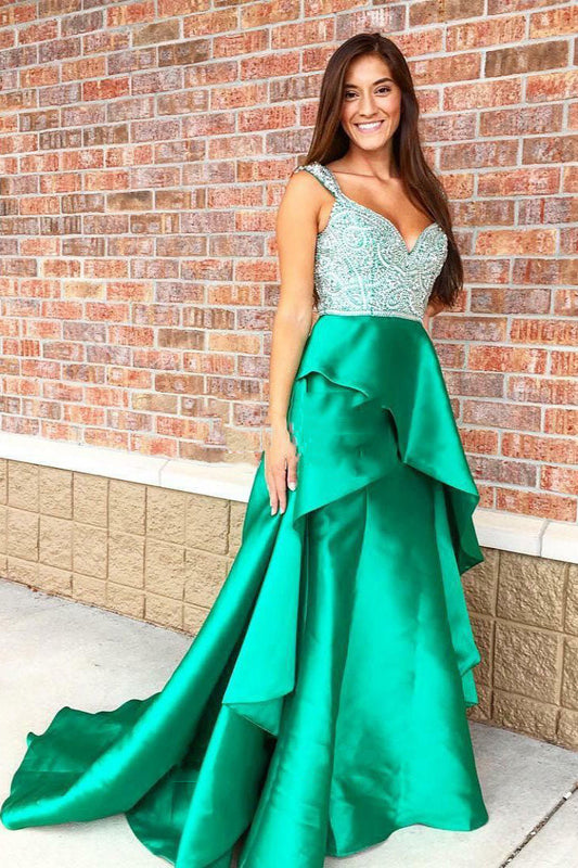 2024 A Line Green Sweetheart Beaded Ruffles Elastic Satin Long Prom Dresses