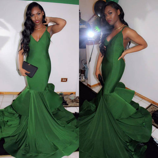 2024 Sexy Mermaid Hunter V Neck Halter Backless Spandex African American Prom Dresses