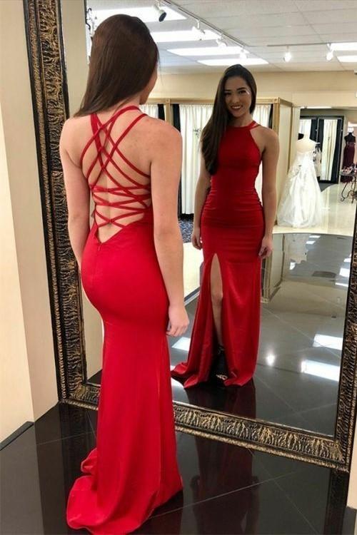 2024 Charming Red Sheath Side Slit Criss Cross Long Prom Dresses