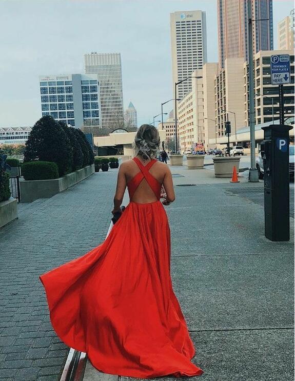 2024 Charming A Line Red Side Slit Long Satin Halter V Neck Criss Cross Back Prom Dresses