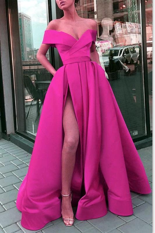 Hot Sale 2024 A Line Satin Side Slit Off Shoulder Sweetheart Fuchsia Prom Dresses