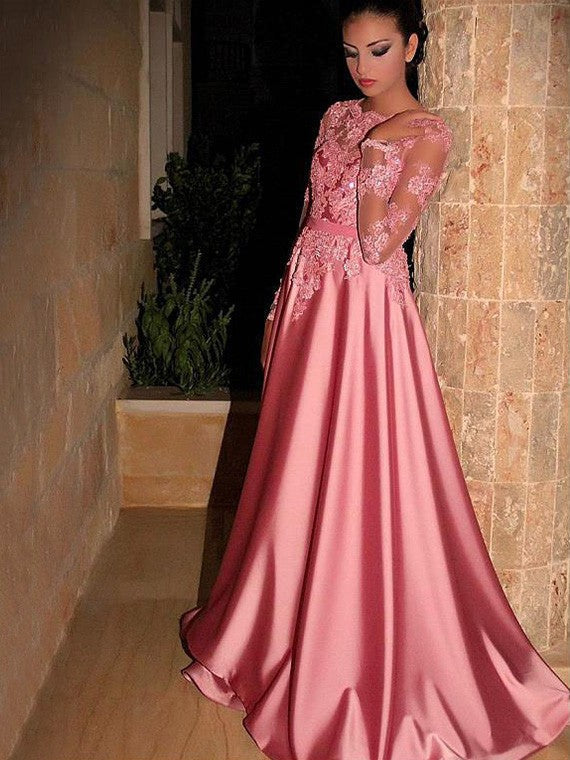 Elegant A Line Elastic Satin Pink Long Sleeves Prom Dresses With Appliques Prom Dresses