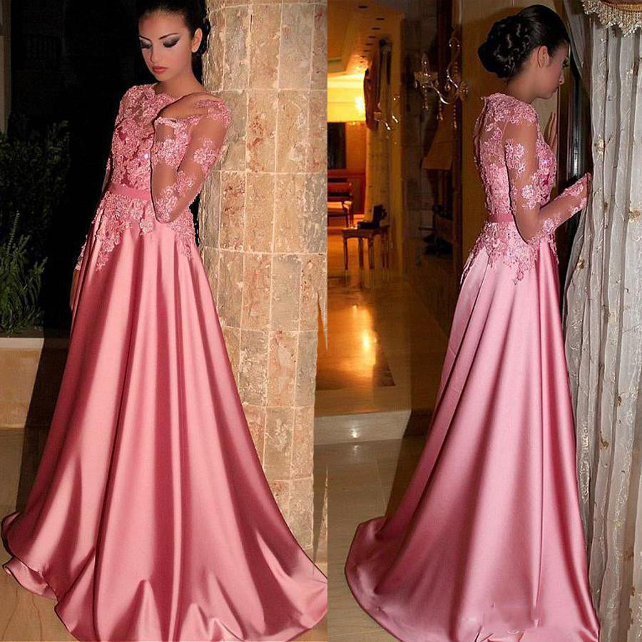 Elegant A Line Elastic Satin Pink Long Sleeves Prom Dresses With Appliques Prom Dresses