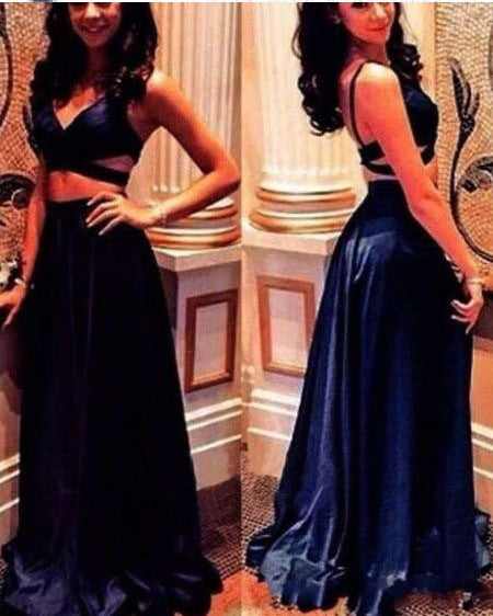 2024 Cheap A Line Dark Navy Satin Sweetheart Two Pieces Long Prom Dresses