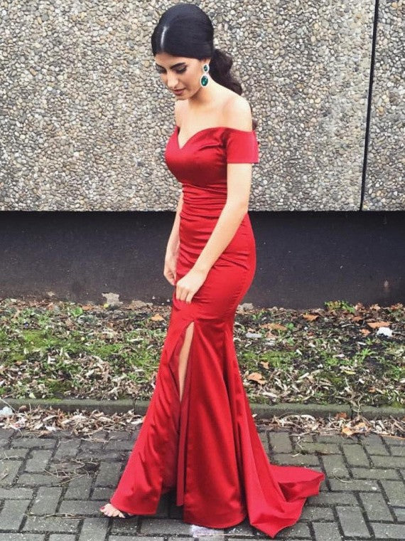 Sexy Sheath Red Off Shoulder Sweetheart Side Slit Long 2024 Prom Dresses